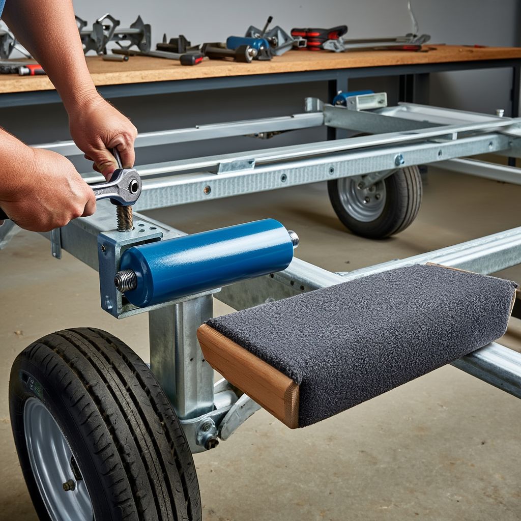 Установка роликов и ложементов на лодочный прицеп, демонстрирующая процесс