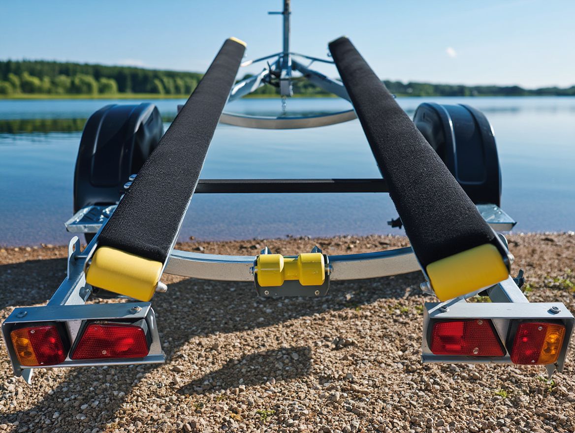 Пластиковые ложементы для лодочного прицепа на фоне живописного водоема