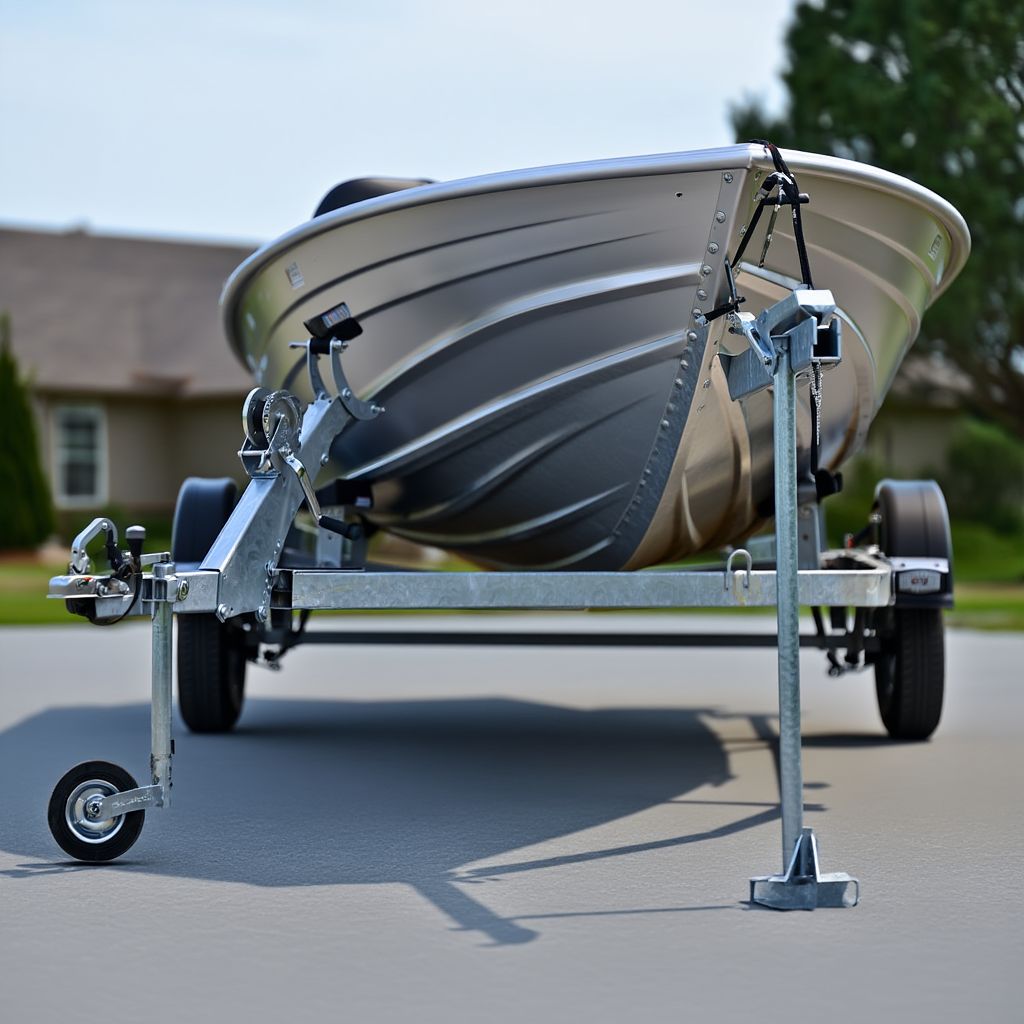 Алюминиевая лодка на прицепе, готовая к перевозке