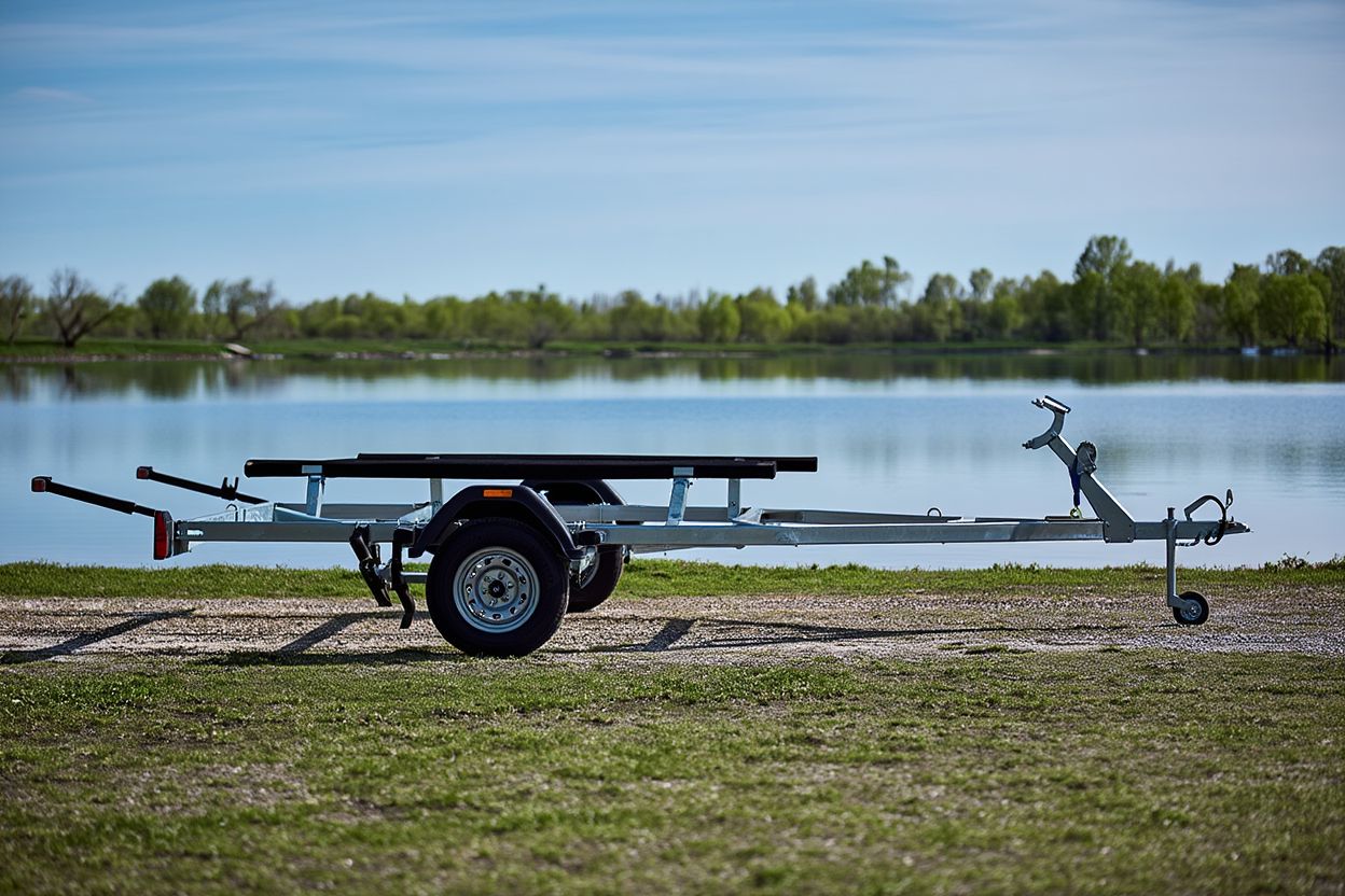 Самосвальный лодочный прицеп на фоне водоема