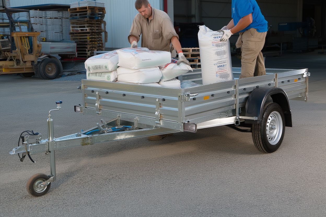 Загрузка груза в бортовой прицеп с откидными бортами