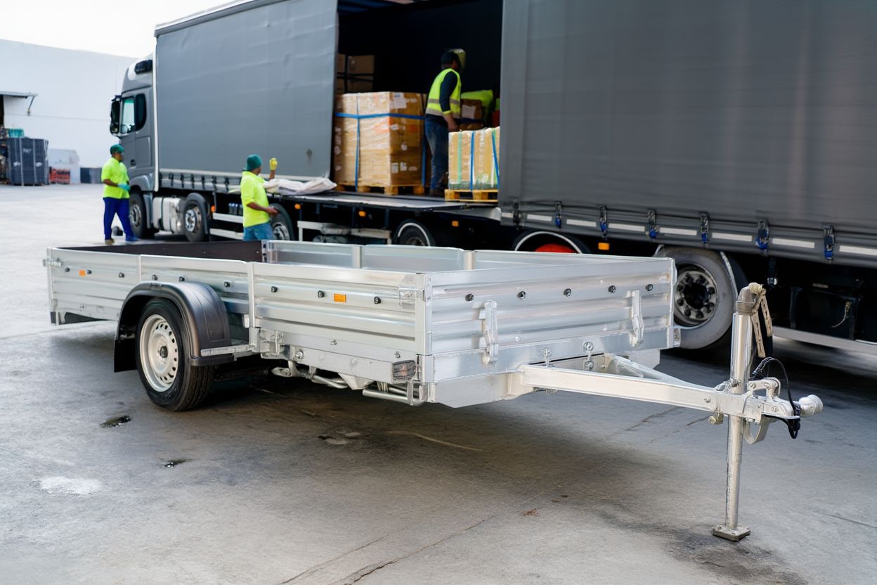 Усиленный бортовой прицеп на фоне загруженного грузовика