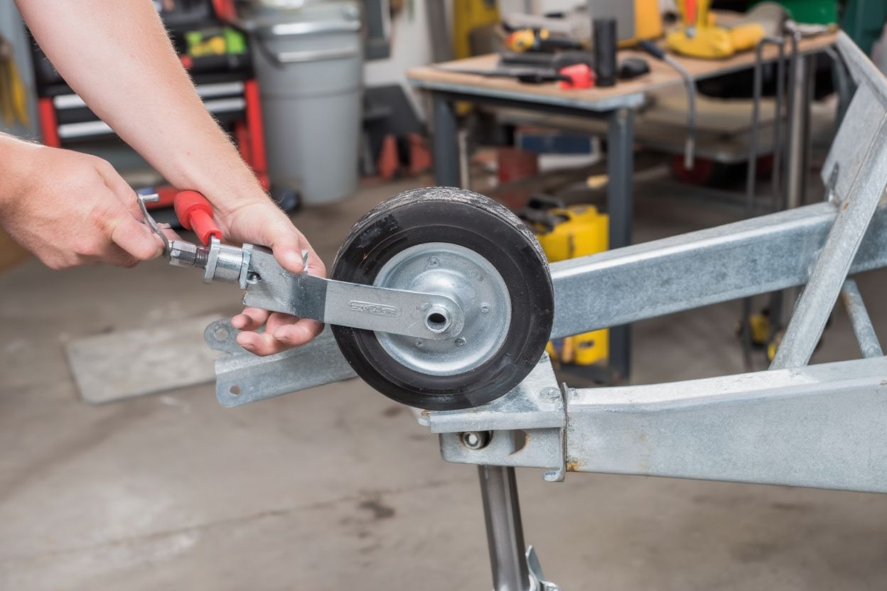 Процесс установки опорного колеса на прицеп